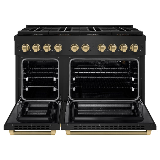 ZLINE 48 in. Gas Range Double Oven 6.7 cu. ft. 8 Burner Cooktop Black Stainless Steel with Champagne Bronze Helix Handles & Knobs (SGRBZ-48-KCB)