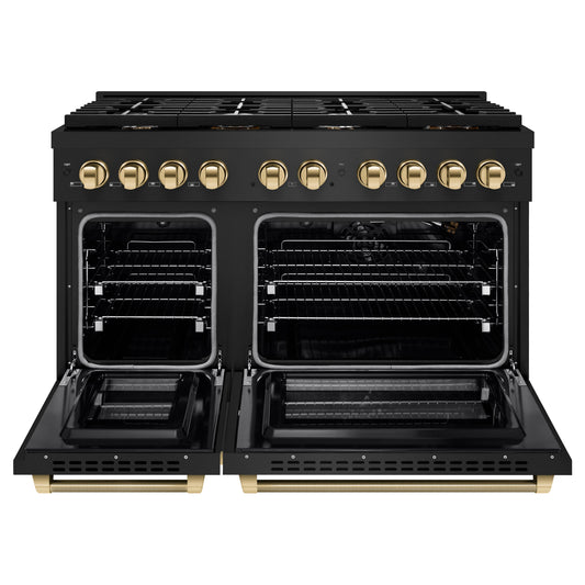 ZLINE 48 Inch Gas Range Double Oven 6.7 cu. ft. 8 Burner Cooktop Black Stainless Steel Polished Gold Helix Handles (SGRBZ-48-KG)