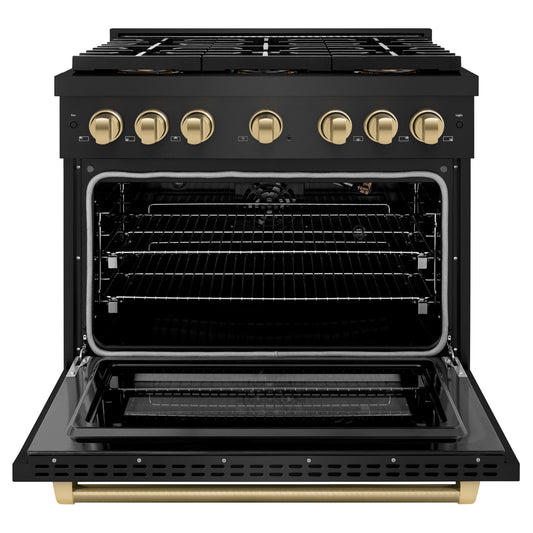 ZLINE 36 in. Gas Range 5.2 cu. ft. 6 Burner DuoPro™ Cooktop Convection Oven Black Stainless Steel Champagne Bronze Accents (PSGRBZ-36-KCB)