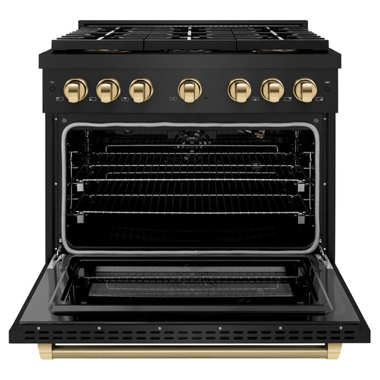 ZLINE 36 in. Gas Range 5.2 cu. ft. 6 Burner DuoPro™ Cooktop Convection Oven Black Stainless Steel Polished Gold Helix Handle (PSGRBZ-36-KG)