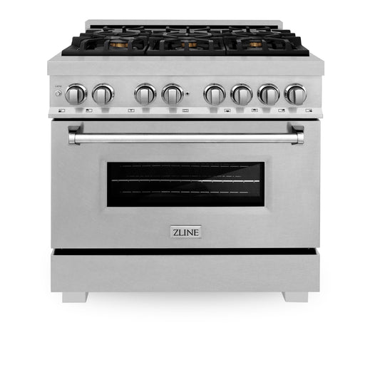 ZLINE 36 in. 4.6 cu. ft. Legacy Series Dual Fuel Range with 6-Burner Gas Cooktop and Electric Convection Oven in Satin Stainless Steel with Brass Burners (RAS-SN-BR-36)