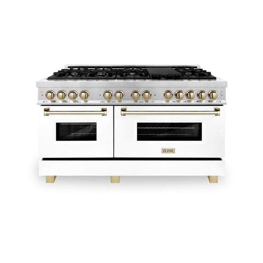 ZLINE Autograph Edition 60 in. Dual Fuel Range 7.4 cu. ft. with White Matte Door and Gold Accents (RAZ-WM-60-G)