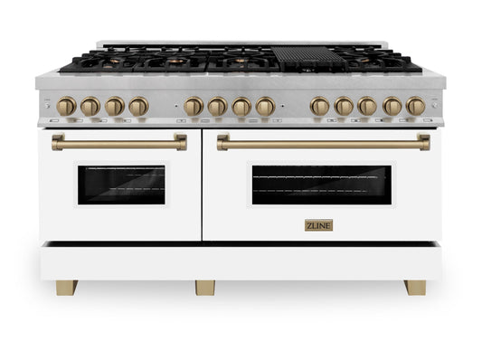 ZLINE Autograph Edition 60 in. 7.4 cu. ft. Legacy Dual Fuel Range with 9 Burner Gas Cooktop and 2 Electric Convection Ovens in Satin Stainless Steel with White Matte Doors and Champagne Bronze Accents (RASZ-WM-60-CB)