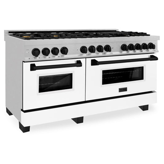 ZLINE Autograph 60 in. Legacy Dual Fuel Range with 9 Gas Burners and Double Electric Convection Ovens, 7.4 cu. ft., Satin Stainless Steel with White Matte Doors and Matte Black Accents (RASZ-WM-60-MB)