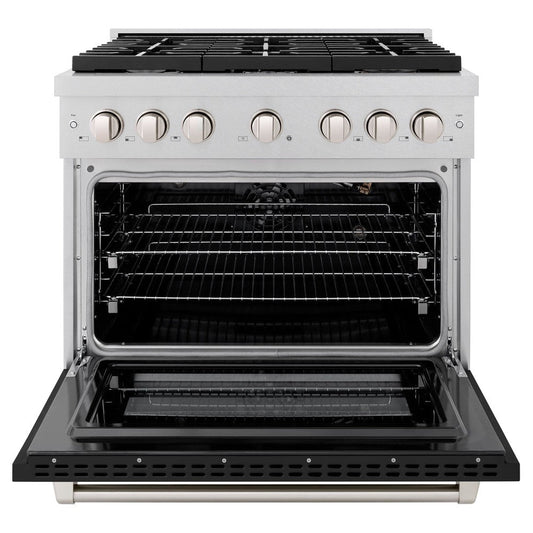 ZLINE 36 in. Paramount Dual Fuel Range, 6 Burner Gas Cooktop, Electric Convection Oven, 5.2 cu. ft., Satin Stainless Steel with Black Matte Door (SDRS-BLM-36)