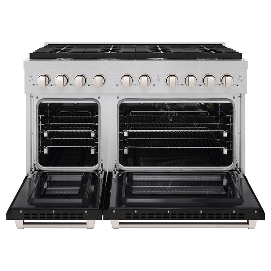 ZLINE Paramount 48 in. 6.7 cu. ft. Double Oven Dual Fuel Range with 8 Burner Gas Cooktop in Satin Stainless Steel with Black Matte Doors (SDRS-BLM-48)