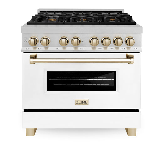 ZLINE Autograph 36 in. 4.6 cu. ft. Legacy Dual Fuel Range with 6 Burner Gas Cooktop and Electric Convection Oven in Satin Stainless Steel with White Matte Door and Polished Gold Accents (RASZ-WM-36-G)
