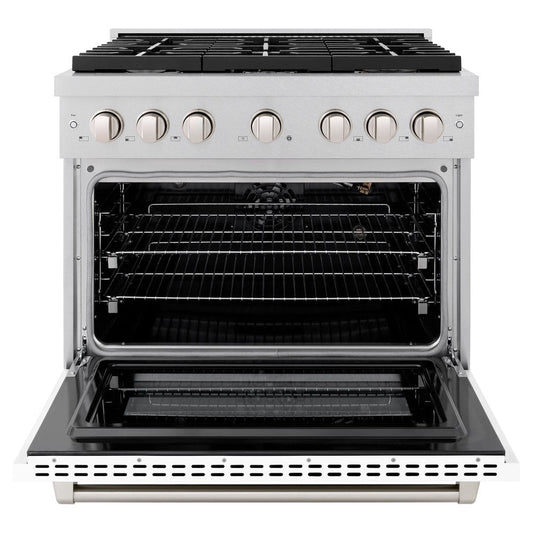 ZLINE Paramount 36 in. Dual Fuel Range with 6 Gas Burners and Electric Convection Oven, 5.2 cu. ft., Satin Stainless Steel with White Matte Door (SDRS-WM-36)