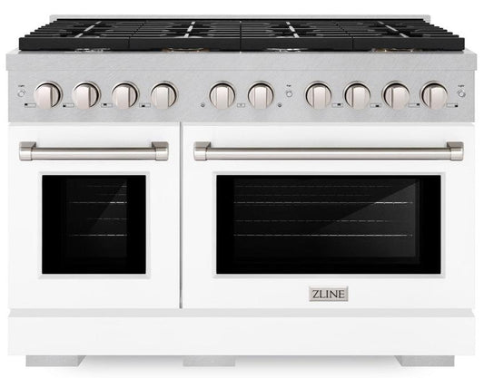 ZLINE 48-Inch Paramount Double Oven Dual Fuel Range with 8 Gas Burners, 6.7 cu. ft., Satin Stainless Steel with White Matte Doors (SDRS-WM-48)