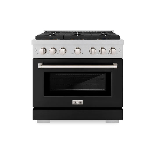 ZLINE 36 in. Dual Fuel Range 5.2 cu. ft. 6 Burner DuoPro™ Cooktop Electric Convection Oven Satin Stainless Steel with Black Matte Door (PSDRS-BLM-36)