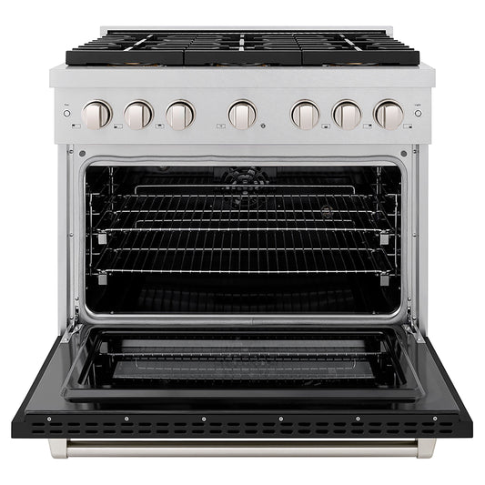 ZLINE 36 in. Dual Fuel Range 5.2 cu. ft. 6 Burner DuoPro™ Cooktop Electric Convection Oven Satin Stainless Steel with Black Matte Door (PSDRS-BLM-36)