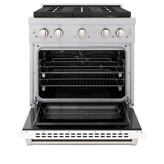 ZLINE 30 in. Dual Fuel Range – 4.2 cu. ft. Capacity, 4 Burner DuoPro™ Cooktop, Electric Convection Oven, Satin Stainless Steel with White Matte Door (PSDRS-WM-30)