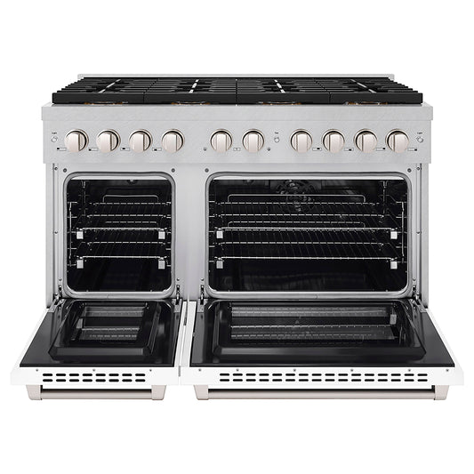 ZLINE 48 in. Dual Fuel Range 6.7 cu. ft. with 8 Burner DuoPro™ Cooktop, Dual Ovens, Satin Stainless Steel with White Matte Doors (PSDRS-WM-48)