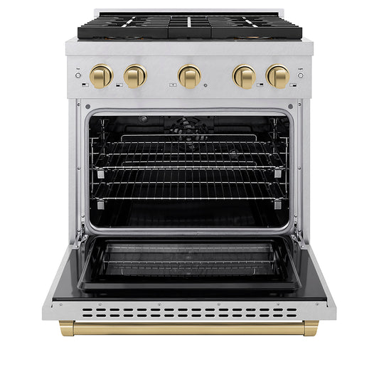 ZLINE 30 in. Dual Fuel Range 4.2 cu. ft. – 4 Burner DuoPro™ Cooktop, Electric Convection Oven, Satin Stainless Steel with Champagne Bronze Accents (PSDRSZ-30-CB)