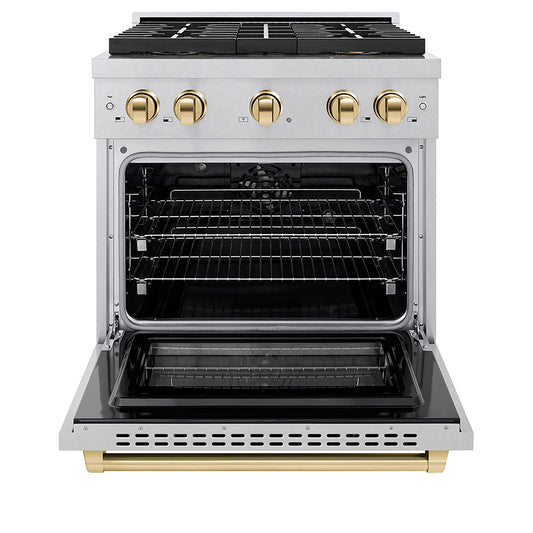 ZLINE 30 in. Dual Fuel Range 4.2 cu. ft. Paramount Series with 4 Burner DuoPro™ Cooktop, Electric Convection Oven, Satin Stainless Steel with Polished Gold Accents (PSDRSZ-30-G)