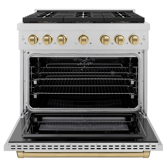 ZLINE 36 in. Dual Fuel Range 5.2 cu. ft. 6 Burner DuoPro™ Cooktop Electric Convection Oven Satin Stainless Steel Champagne Bronze Accents (PSDRSZ-36-CB)
