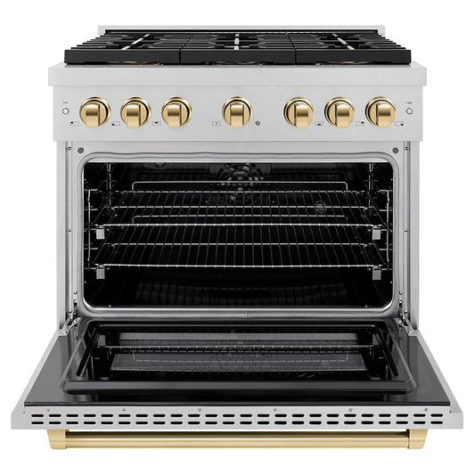 ZLINE 36 in. Paramount Autograph Edition Dual Fuel Range – 5.2 cu. ft. Capacity, 6 Burner DuoPro™ Cooktop, Electric Convection Oven, Satin Stainless Steel with Polished Gold Accents (PSDRSZ-36-G)