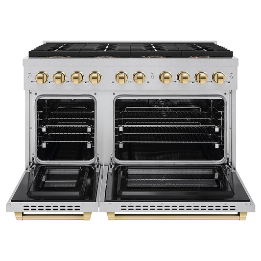 ZLINE 48 in. Dual Fuel Range 6.7 cu. ft. 8 Burners DuoPro Cooktop Dual Ovens Satin Stainless Steel Polished Gold Accents (PSDRSZ-48-G)