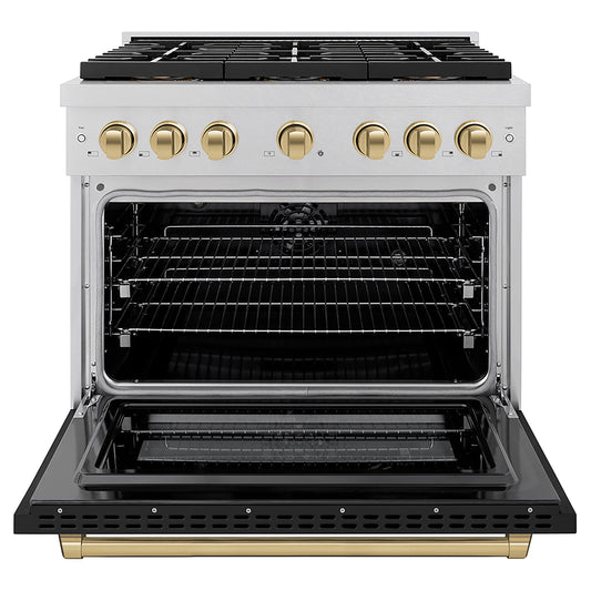 ZLINE 36 in. Dual Fuel Range 5.2 cu. ft. 6 Burner DuoPro™ Cooktop Electric Convection Oven Satin Stainless Steel Black Matte Door Champagne Bronze Accents (PSDRSZ-BLM36-CB)