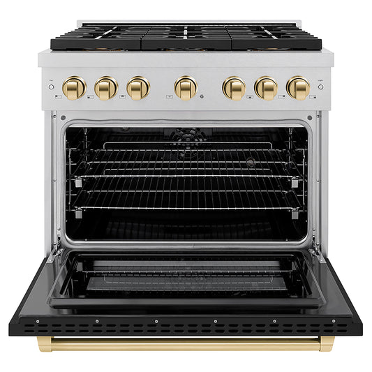 ZLINE 36 in. Dual Fuel Range 5.2 cu. ft. 6 Burner DuoPro™ Cooktop Electric Convection Oven Satin Stainless Steel Black Matte Door Polished Gold Accents (PSDRSZ-BLM36-G)