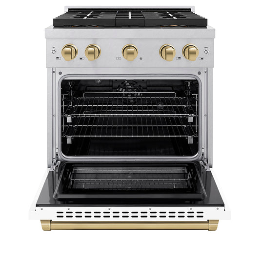 ZLINE 30 in. Dual Fuel Range 4.2 cu. ft. 4 Burner DuoPro™ Cooktop Electric Convection Oven Satin Stainless Steel White Matte Door Champagne Bronze Accents (PSDRSZ-WM-30-CB)