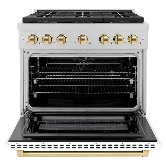 ZLINE 36 in. Dual Fuel Range 5.2 cu. ft. 6 Burner DuoPro™ Cooktop Electric Convection Oven Satin Stainless Steel White Matte Door Polished Gold Accents (PSDRSZ-WM-36-G)