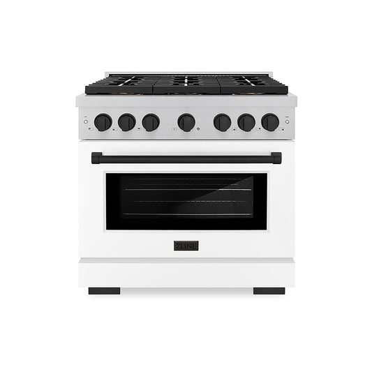 ZLINE 36 in. Dual Fuel Range 5.2 cu. ft. 6 Burner DuoPro™ Cooktop Electric Convection Oven Satin Stainless Steel White Matte Door Matte Black Accents (PSDRSZ-WM-36-MB)