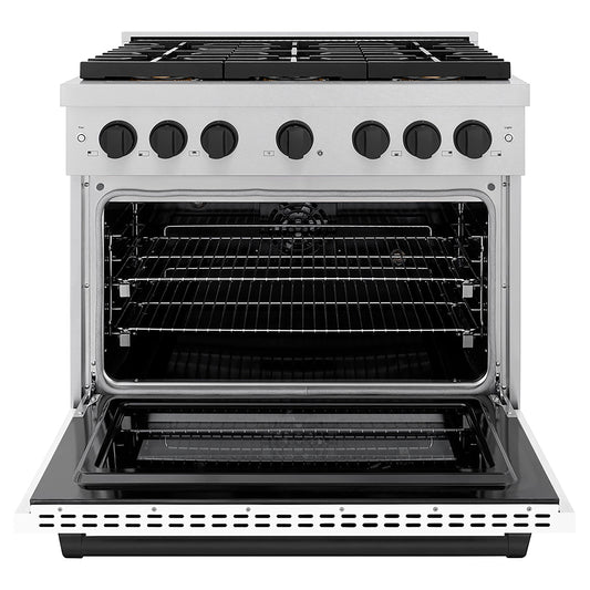 ZLINE 36 in. Dual Fuel Range 5.2 cu. ft. 6 Burner DuoPro™ Cooktop Electric Convection Oven Satin Stainless Steel White Matte Door Matte Black Accents (PSDRSZ-WM-36-MB)