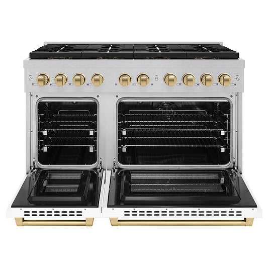 ZLINE 48 in. Dual Fuel Range 6.7 cu. ft. Paramount Series with 8 Burner DuoPro™ Cooktop, Dual Ovens, Satin Stainless Steel, White Matte Doors & Champagne Bronze Accents (PSDRSZ-WM-48-CB)
