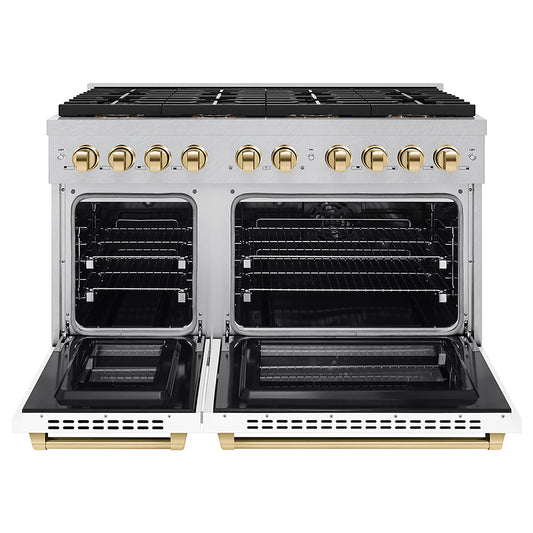 ZLINE 48 in. Dual Fuel Range 6.7 cu. ft. 8 Burner DuoPro™ Cooktop Dual Ovens Satin Stainless Steel White Matte Doors Polished Gold Accents (PSDRSZ-WM-48-G)