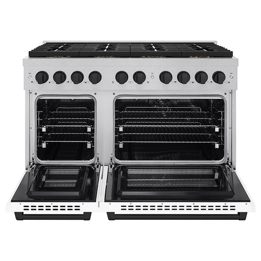 ZLINE 48 in. Dual Fuel Range 6.7 cu. ft. with 8 Burner DuoPro™ Cooktop, Dual Ovens, Satin Stainless Steel, White Matte Doors, Matte Black Accents (PSDRSZ-WM-48-MB)