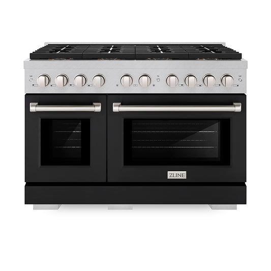 ZLINE 48 in. Dual Fuel Range 6.7 cu. ft. with 8 Burner DuoPro™ Cooktop and Dual Ovens, Satin Stainless Steel with Black Matte Doors (PSDRS-BLM-48)