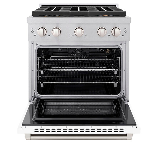 ZLINE 30 in. Gas Range – 4.2 cu. ft. Capacity – 4 Burner DuoPro™ Cooktop – Convection Gas Oven – Satin Stainless Steel with White Matte Door (PSGRS-WM-30)