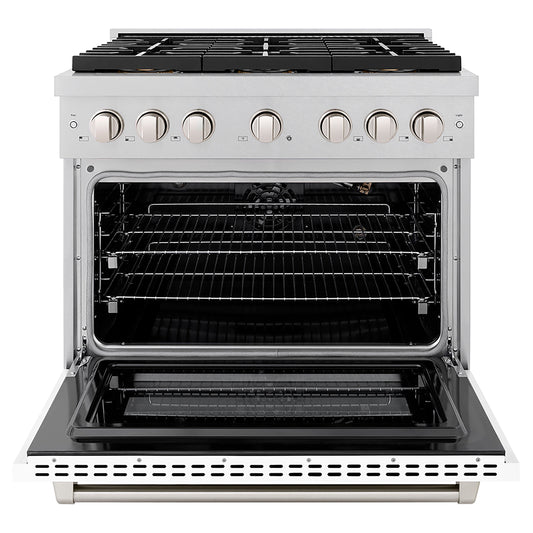 ZLINE 36 in. Gas Range – 5.2 cu. ft. Capacity – 6 Burner DuoPro™ Cooktop, Convection Gas Oven, Satin Stainless Steel with White Matte Door (PSGRS-WM-36)