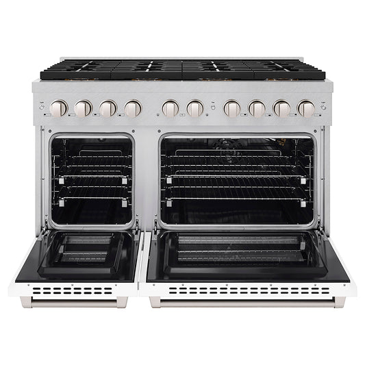 ZLINE 48 in. Gas Range – 6.7 cu. ft. – 8 Burner DuoPro™ Cooktop, Dual Ovens, Satin Stainless Steel with White Matte Doors (PSGRS-WM-48)