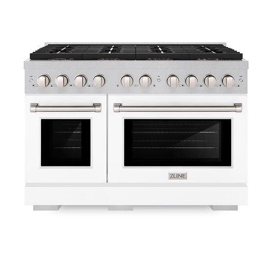 ZLINE 48 in. Gas Range – 6.7 cu. ft. – 8 Burner DuoPro™ Cooktop, Dual Ovens, Satin Stainless Steel with White Matte Doors (PSGRS-WM-48)