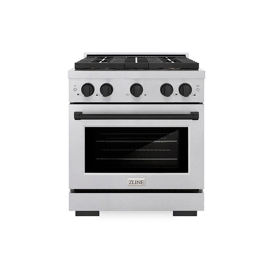 ZLINE 30 in. Gas Range 4.2 cu. ft. Convection Oven 4 Burner DuoPro™ Cooktop Satin Stainless Steel with Matte Black Accents (PSGRSZ-30-MB)