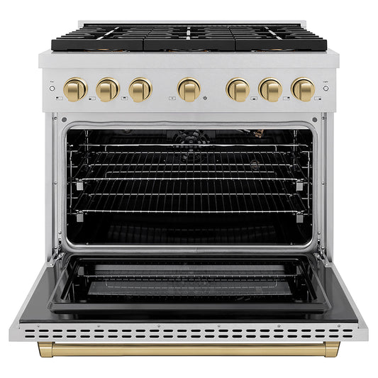 ZLINE 36 in. Gas Range 5.2 cu. ft. Convection Oven 6 Burner DuoPro™ Cooktop Satin Stainless Steel Champagne Bronze Accents (PSGRSZ-36-CB)