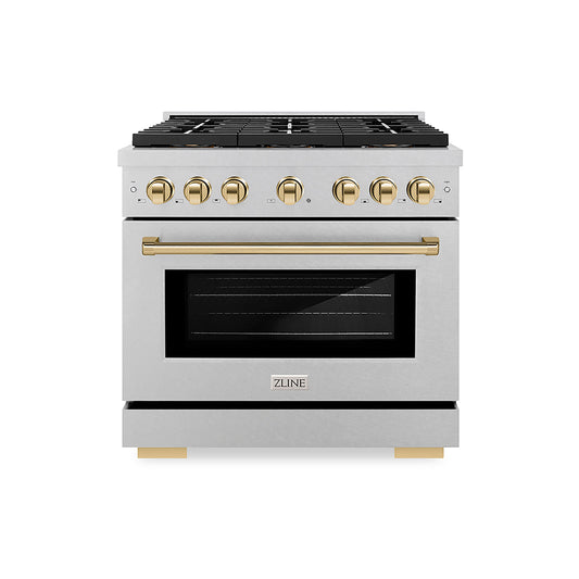ZLINE 36 in. Gas Range 5.2 cu. ft. 6 Burner DuoPro™ Cooktop Convection Gas Oven Satin Stainless Steel with Polished Gold Accents (PSGRSZ-36-G)