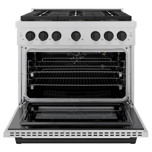 ZLINE 36 in. Gas Range 5.2 cu. ft. 6 Burner DuoPro™ Cooktop Convection Oven Satin Stainless Steel Matte Black Accents (PSGRSZ-36-MB)