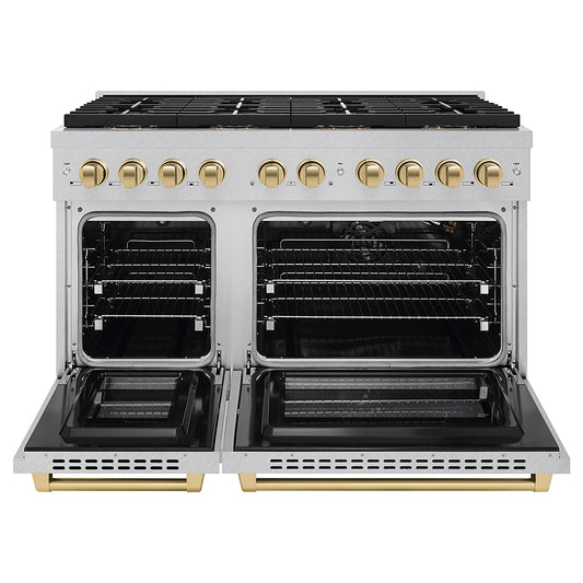 ZLINE 48 in. Gas Range 6.7 cu. ft. Dual Oven 8 Burner DuoPro™ Cooktop Satin Stainless Steel with Champagne Bronze Accents (PSGRSZ-48-CB)