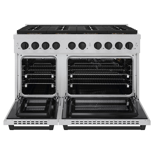 ZLINE 48 in. Gas Range 6.7 cu. ft. Paramount Series with 8 Burner DuoPro™ Cooktop, Dual Ovens, Satin Stainless Steel with Matte Black Accents (PSGRSZ-48-MB)