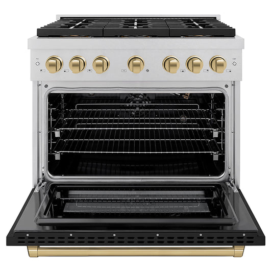 ZLINE 36 in. Gas Range 5.2 cu. ft. 6 Burner DuoPro™ Cooktop Convection Gas Oven Satin Stainless Steel with Black Matte Door & Champagne Bronze Accents (PSGRSZ-BLM36-CB)