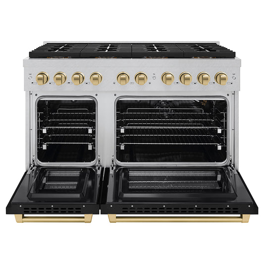 ZLINE 48 in. Gas Range 6.7 cu. ft. 8 Burner DuoPro™ Cooktop Dual Oven Satin Stainless Steel Black Matte Doors Champagne Bronze Accents (PSGRSZ-BLM48-CB)