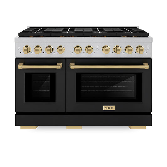 ZLINE 48 in. Dual Fuel Range 6.7 cu. ft. 8 Burner DuoPro™ Cooktop Dual Ovens Satin Stainless Steel with Black Matte Doors Champagne Bronze Accents (PSDRSZ-BLM48-CB)