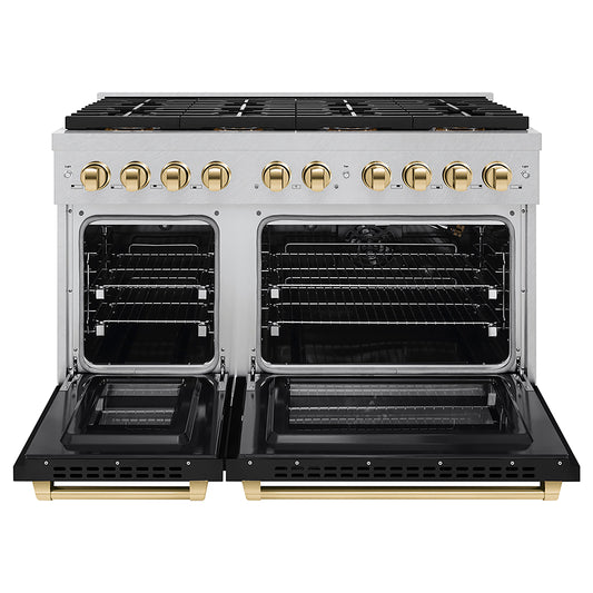 ZLINE 48 in. Gas Range 6.7 cu. ft. 8 Burner DuoPro™ Cooktop Dual Ovens Satin Stainless Steel Polished Gold Accents (PSGRSZ-48-G)