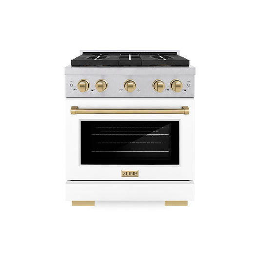 ZLINE 30 in. Gas Range 4.2 cu. ft. Paramount Series, 4 Burner DuoPro™ Cooktop, Convection Gas Oven, Satin Stainless Steel, White Matte Door, Champagne Bronze Accents (PSGRSZ-WM-30-CB)