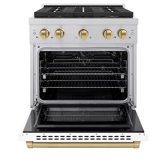 ZLINE 30 in. Gas Range 4.2 cu. ft. Paramount Series, 4 Burner DuoPro™ Cooktop, Convection Gas Oven, Satin Stainless Steel, White Matte Door, Champagne Bronze Accents (PSGRSZ-WM-30-CB)
