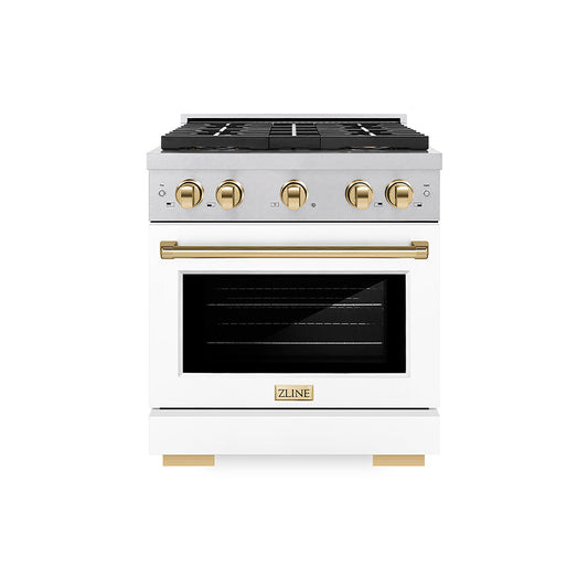 ZLINE 30 in. Gas Range 4.2 cu. ft. Convection Oven, 4 Burner DuoPro™ Cooktop, Satin Stainless Steel, White Matte Door, Polished Gold Accents (PSGRSZ-WM-30-G)