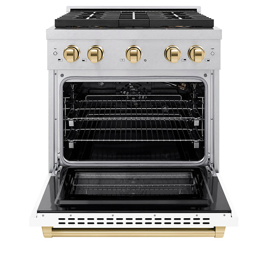 ZLINE 30 in. Gas Range 4.2 cu. ft. Convection Oven, 4 Burner DuoPro™ Cooktop, Satin Stainless Steel, White Matte Door, Polished Gold Accents (PSGRSZ-WM-30-G)